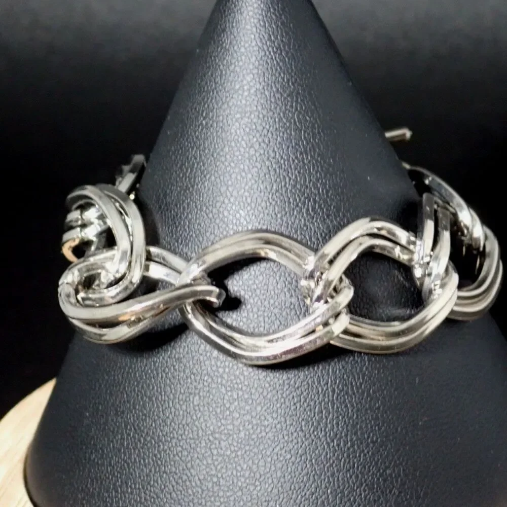 Double Chain Link Silver Tone Bangle Bracelet Toggle Clasp 7.5